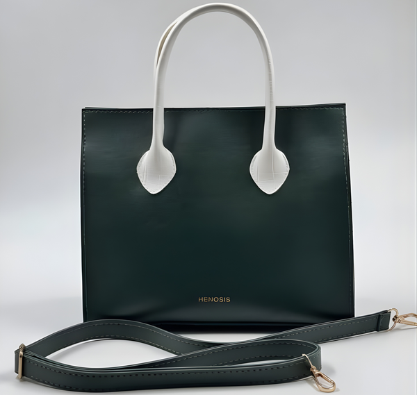 Green forest-Henosis Premium Leatheroid Tote Bag with Detachable Strap - Green & White