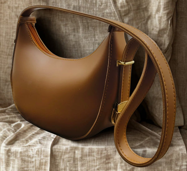 Henosis Plain Brown Moon Bag – Premium Leatheroid Shoulder Bag for Women